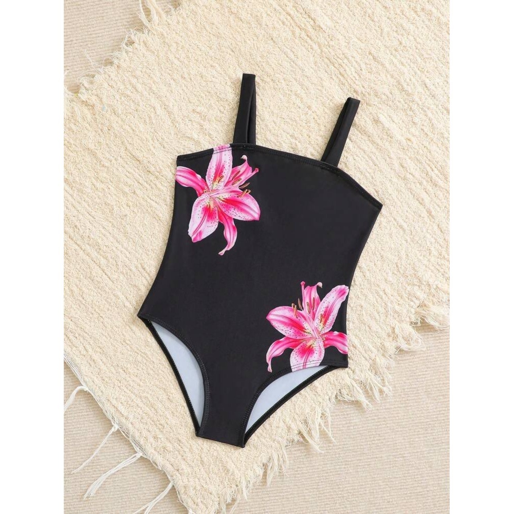Girls Black Pink Lily Floral Print One Piece Swimsuit Wide Strap Swimwear